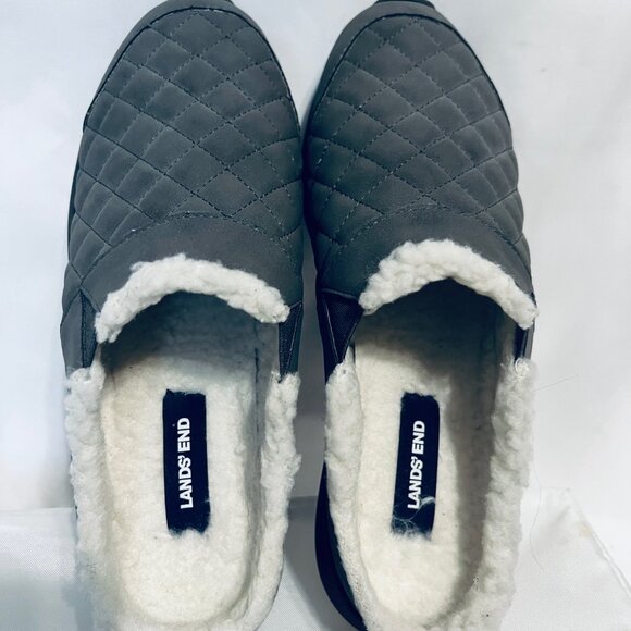 Lands' End-Women's Size 7B Slip On Quilted Sherpa House Slippers-Gray/Cream-Comf - Picture 1 of 16